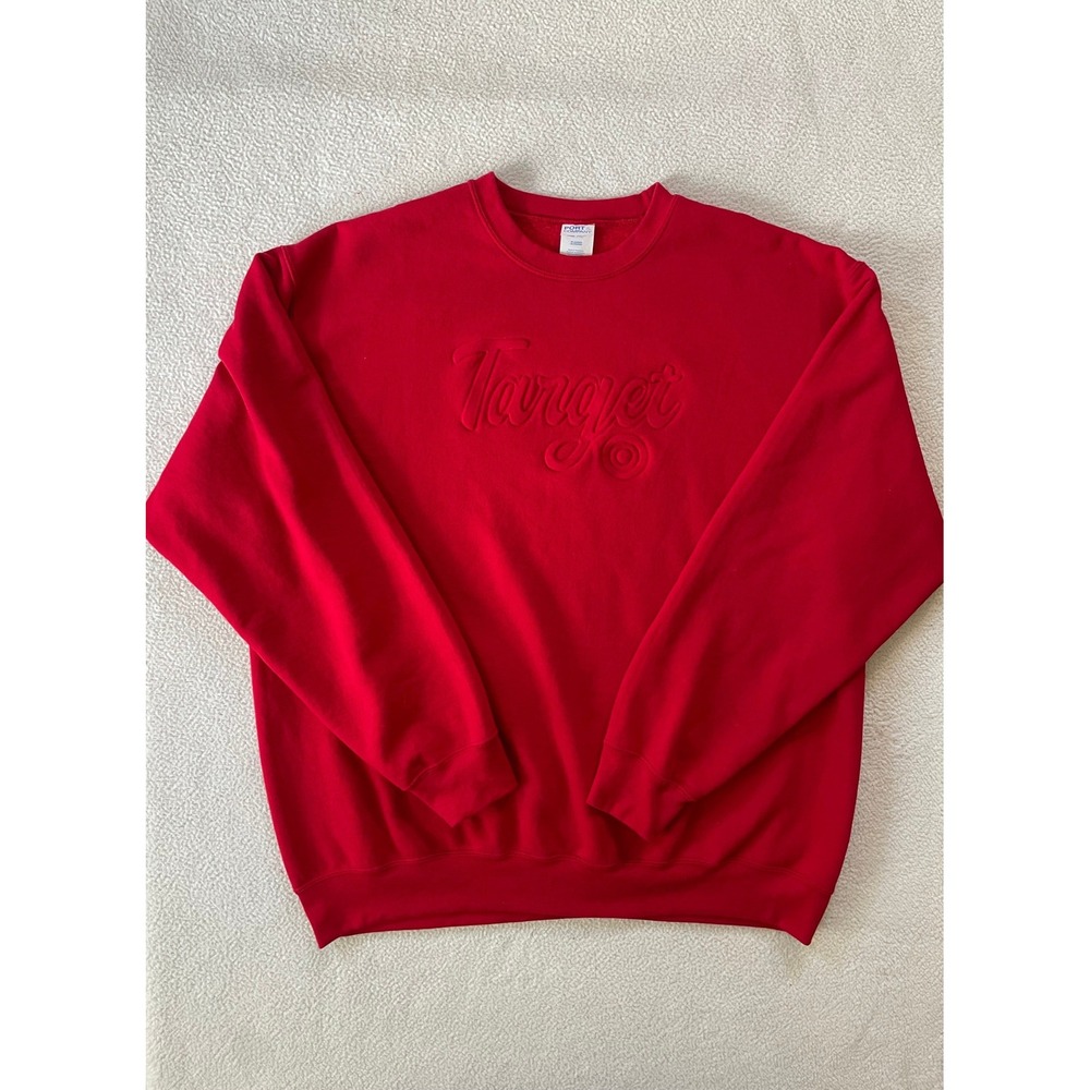 Port & Company Mens XL Sweatshirt Red Embossed Target Bullseye Logo Pullover